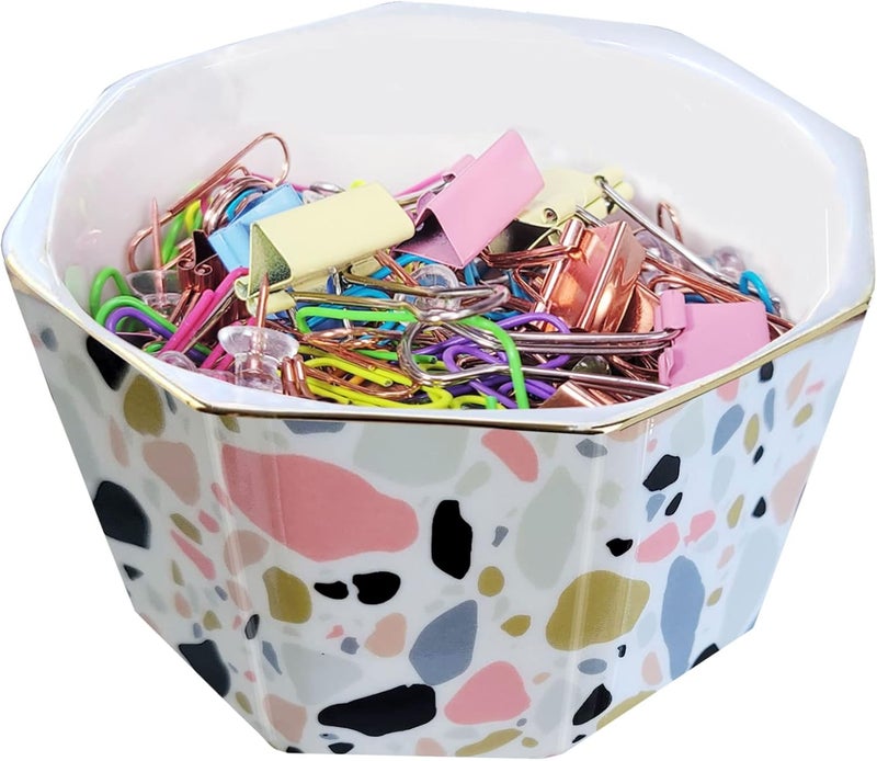 LEAZUL Ceramic Paper Clip Holder With Gold Line Geometric Terrazzo Marble Paper Clip Dispenser for Desk Cute Paper Clip Organizer Office Binder Clip Holder Gift for Office Pink - Image 1